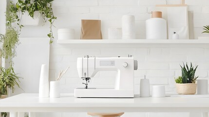 Modern Sewing Machine on a Bright Table in a Minimalist Craft Room with Green Plants and White Decor