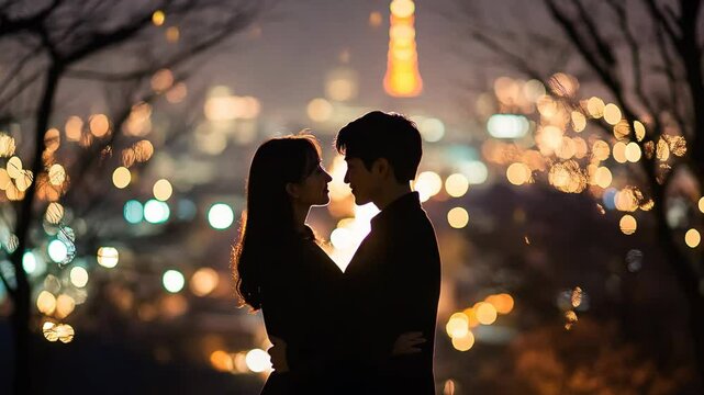 Romantic couple embracing with city lights in the background