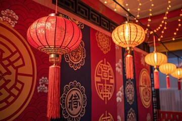 chinese lantern in the temple for cover, card, poster, banner. Chinese zodiac Snake symbol. Hieroglyphics mean Happy New Year and symbol of the Snake