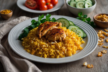 Turmeric rice with golden chicken on a white plate, crispy onions, fresh cucumber, tomato, and mint sauce for balance