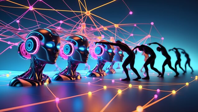 a hyper-realistic 3d render of an intricate network of luminescent nodes and fibers connecting a cluster of robotic heads, each with glowing blue optics and metallic skin, to a series of human silhoue