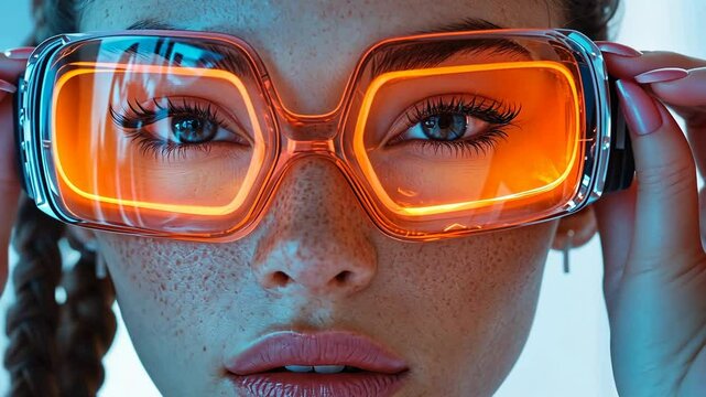 futuristic female model with neon goggles