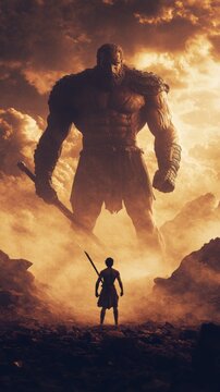 David vs goliath, biblical concept with copy space vertically 9:16