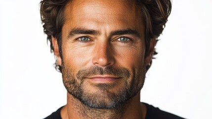 Obraz premium Close-up portrait of a confident man with tousled hair and a warm smile against a plain background
