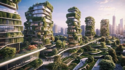 View of the city. Green cityscape.