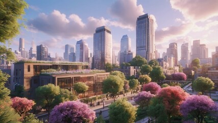 View of the city. Green cityscape.