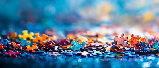 Picture showcasing a variety of colorful puzzle pieces on a striking blue surface, with generous space available for additional text.