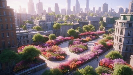 View of the city. Green cityscape.