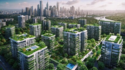 View of the city. Green cityscape.