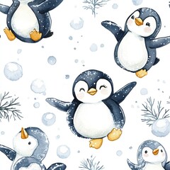 Fototapeta premium Playful penguins winter snow pattern, fabric design