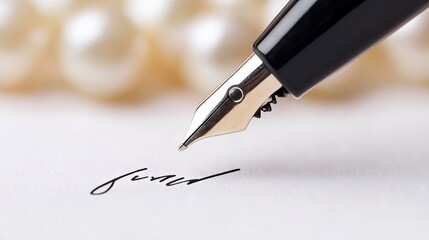 Fototapeta premium Elegant Fountain Pen Signing Document Close up of Ink Signature with Pearls