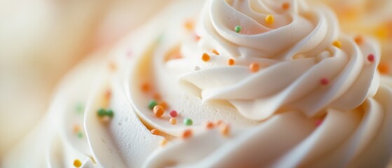 Swirls of creamy frosting sprinkled with colorful bits create a tempting, indulgent cupcake top.