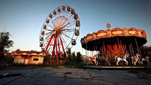 An abandoned amusement park with a rusted Ferris wheel and decayed carousel stands among cracked pavement and overgrown plants, creating a haunting atmosphere of apocalypse and a lost era.