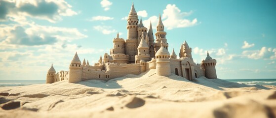 A majestic sandcastle stands against a clear blue sky, intricately crafted with towers and spires, embodying childhood dreams and creativity.