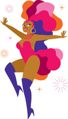 Beautiful cabaret dancer. Carnival showgirl dancing wearing colorful feather costume.