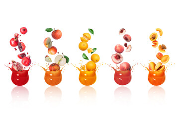 Set of various fruits falling in splashes of juice isolated on white background