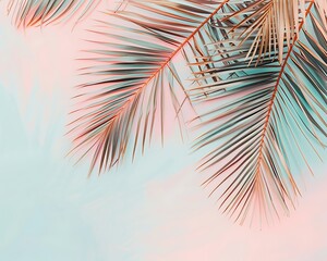 Overhead shot of palm leaves on a pastel pink and blue background, creating a minimal summer vibe, top view.