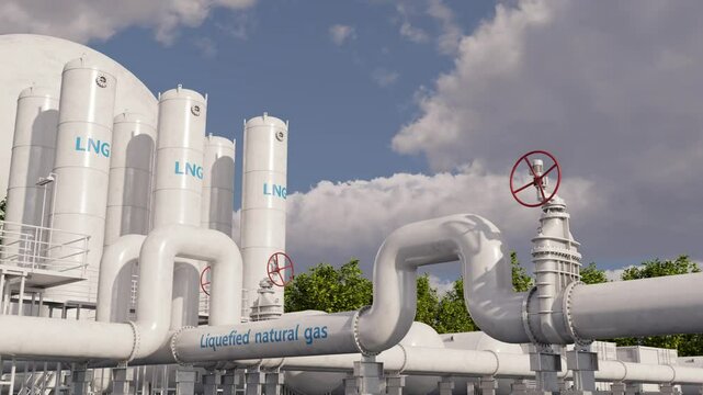 LNG plant. Pipelines with valves, natural gas liquefaction facility and storage tanks against the sky. Concept of global markets consumption of natural gas. Time lapse. 3D rendering