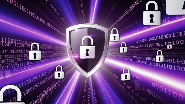 A sleek background featuring a glowing shield icon surrounded by data streams and locks, representing cybersecurity. Add subtle binary code patterns to enhance the tech theme