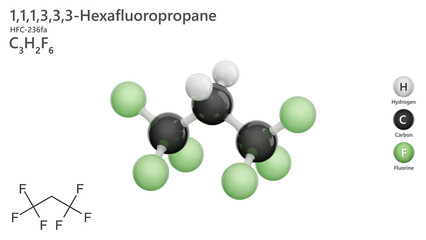 1,1,1,3,3,3-Hexafluoropropane or HFC-236fa. Molecular structure. Formula: C3H2F6. Chemical model: Ball and stick. Greenhouse gas. White background. 3D illustration