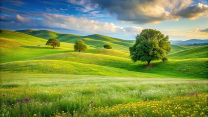 Rolling hills of lush green grass with tall wildflowers and a few scattered trees, greenery