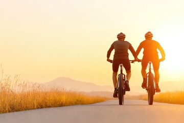 Fototapeta premium Two cyclists riding hand in hand during sunset on a scenic road with golden grass