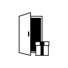 package icon in front of the door, simple flat style, pictogram logo sign symbol vector illustration, isolated on white for mobile app