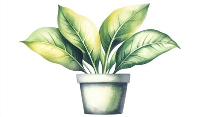 Lush green plant with vibrant leaves in a simple pot, set against a clean white background