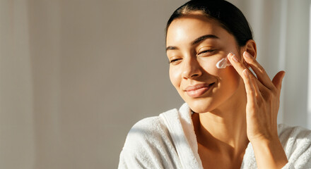 Happy woman wearing bathrobe applying moisturizing cream on her face for daily skincare routine