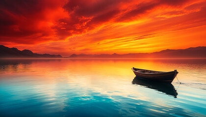 Obraz premium Peaceful lake with a small boat at sunrise