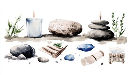 Serene Still Life Composition Featuring Candles, Stones, and Natural Elements in a Calm Setting
