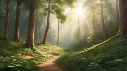 Obraz premium A dense, vibrant green forest with a large recycle symbol