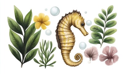 A beautifully illustrated seahorse surrounded by vibrant aquatic plants and bubbles in a serene setting