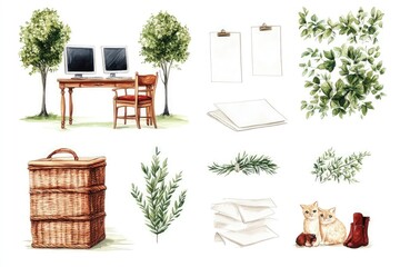 A serene workspace with computers, greenery, and cozy elements, ideal for creative projects