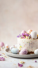 Fototapeta premium Happy Easter concept with easter eggs, Easter cake and spring flowers