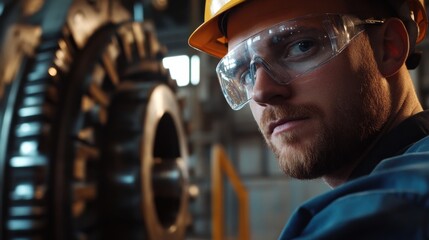 A close-up of an engineer wearing safety glasses and a hard hat, inspecting machinery in a workshop, Workshop scene