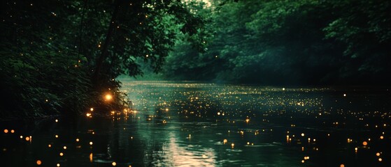 A myriad of fireflies dance over a tranquil river, illuminating the mystic beauty of nature’s nocturnal symphony.