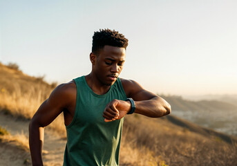Young athletic man monitoring his performance during outdoor workout