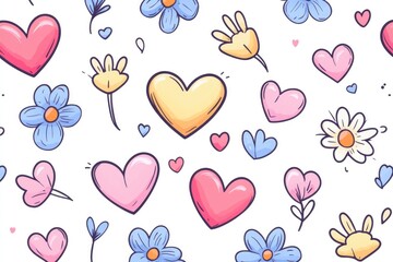 Colorful hand-drawn pattern featuring hearts and flowers on a white background, ideal for fabric design