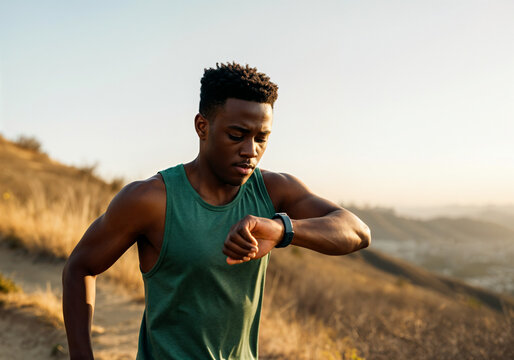 Young athletic man monitoring his performance during outdoor workout