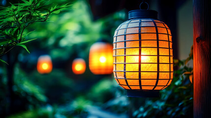 Fototapeta premium Japanese Garden at Night: Illuminated Lanterns and Tranquil Atmosphere