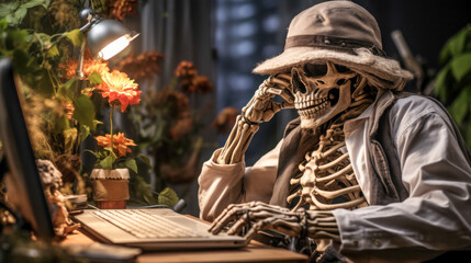 Skeleton types away at computer desk in a vibrant workspace, showcasing unique blend of life and the afterlife in a creative setting