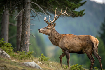 Obraz premium Majestic red deer stag in mountain forest.