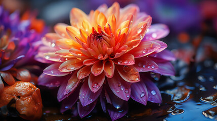 Vibrant flower petals in shades of pink and purple with water droplets, creating a lively, colorful display in a serene setting