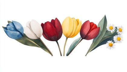Colorful arrangement of tulips and daisies showcasing spring beauty in a vibrant garden setting