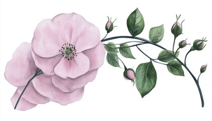 Delicate pink flower with green leaves and buds, showcasing natural beauty and elegance