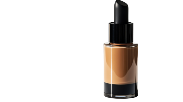 A sleek dropper bottle of foundation in warm tones resting on a vanity surrounded by natural light