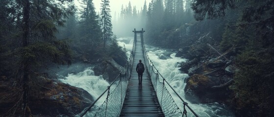 Fototapeta premium A solitary figure walks across a misty suspension bridge in a lush forest, evoking adventure and introspection.