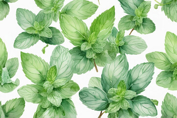 Watercolor pattern of green mint leaves on a white background