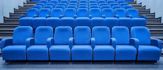 Fototapeta premium A theater showcasing blue seats in organized rows, accommodating spectators, with a blank space for text.